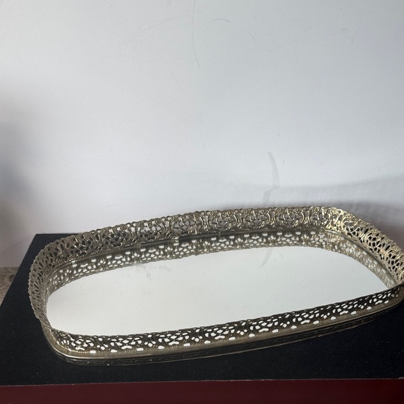 Vintage Oblong  Brass Filigree Vanity Mirror Tray - 14" x 8" x 1-1/2" - Picture 2 of 8